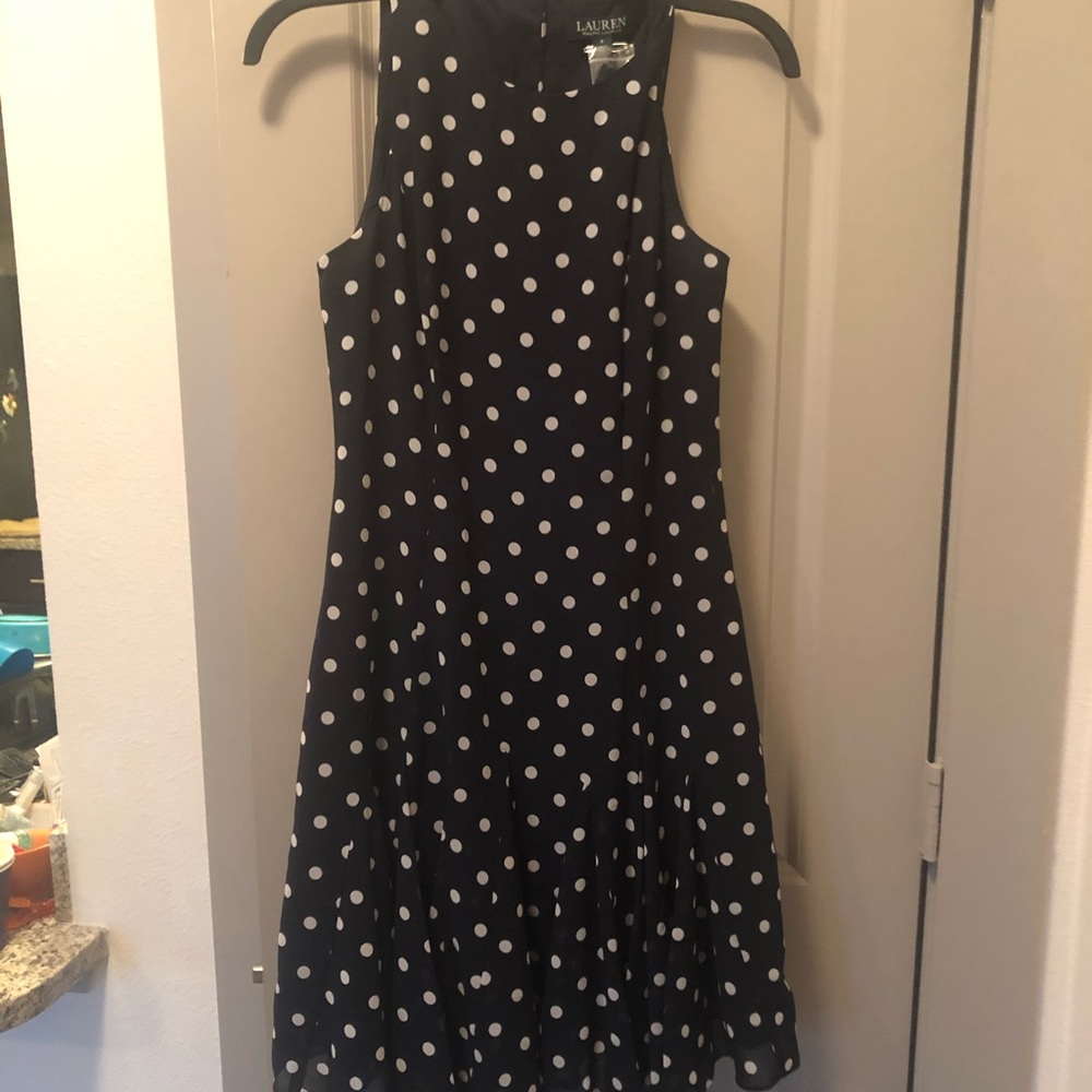 Lauren Ralph Lauren Size 2 Polka Dot Dress Preppy Sleeveless Classic Midi Blue
